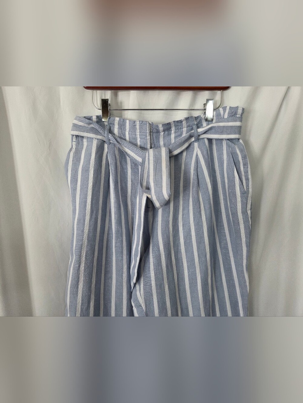 LOFT Blue/White Striped Cropped Pants Linen Blend Waist Tie NWT Size M - Picture 5 of 10